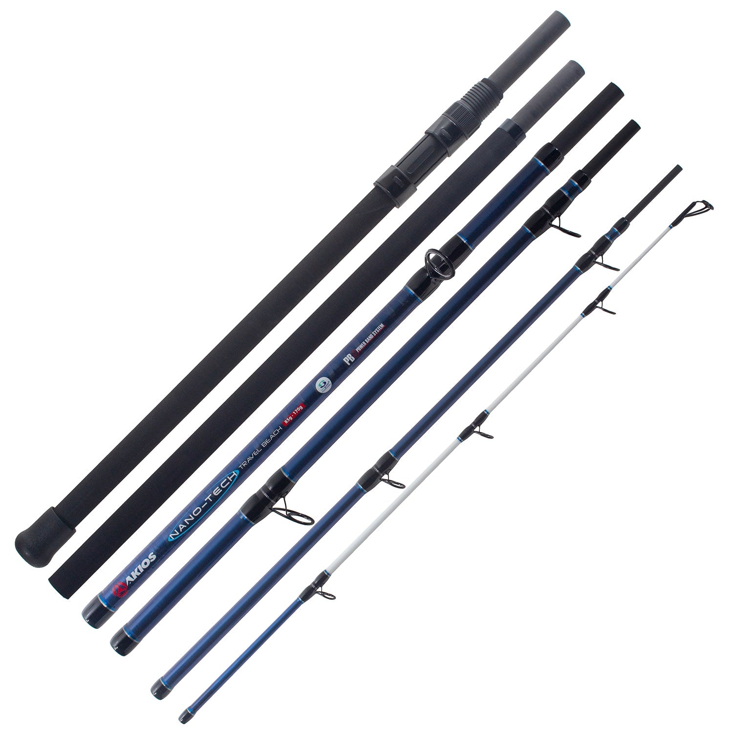 Akios Nano-Tech travel beach fishing rod showing its six sections.