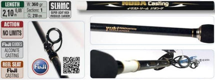 A composite product listing graphic for a Fuji casting fishing rod. The image shows multiple close-up views of the rod, including the handle, shaft, and tip, along with technical specifications, a QR code, and a Fuji logo.