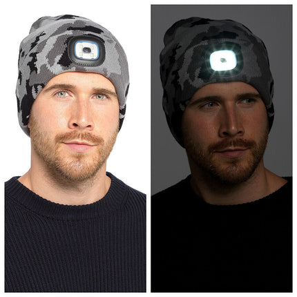 Storm Ridge Grey Camo  LED Head Lamp Beanie Hat