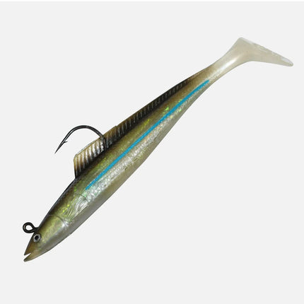 A soft plastic fishing lure shaped like a small fish, featuring a translucent olive-green body, a bright blue lateral stripe, a dark vertical back, a black treble hook with a ring, and a split tail, shown on a light gray background.