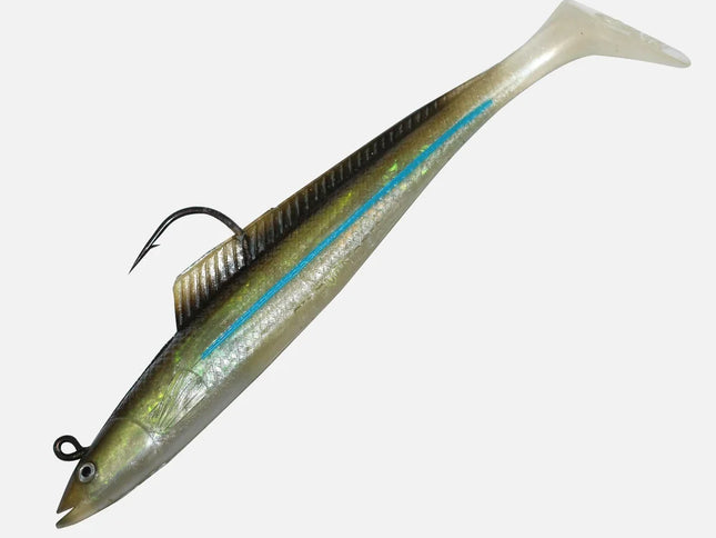 A soft plastic fishing lure shaped like a small fish, featuring a translucent olive-green body, a bright blue lateral stripe, a dark vertical back, a black treble hook with a ring, and a split tail, shown on a light gray background.