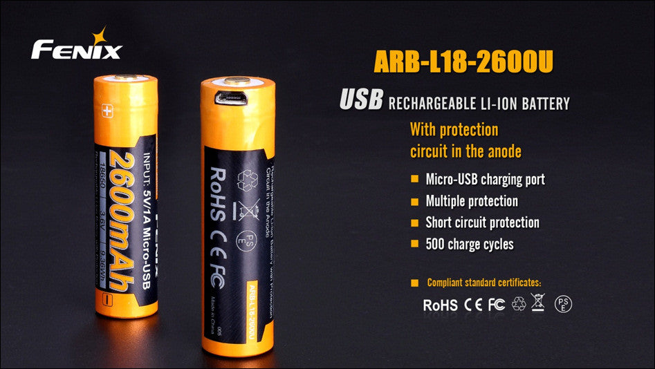 Fenix ARB-L18-2600U USB 18650 Rechargeable Battery For HM65R Etc