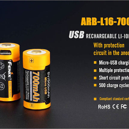 Fenix ARB-L16-700UP USB 16340 Battery - High Current - USB Port Built in