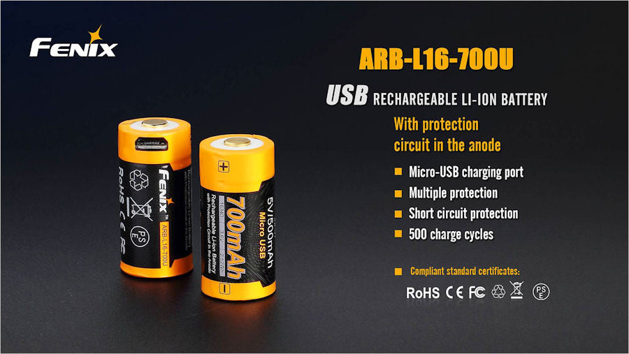 Fenix ARB-L16-700UP USB 16340 Battery - High Current - USB Port Built in