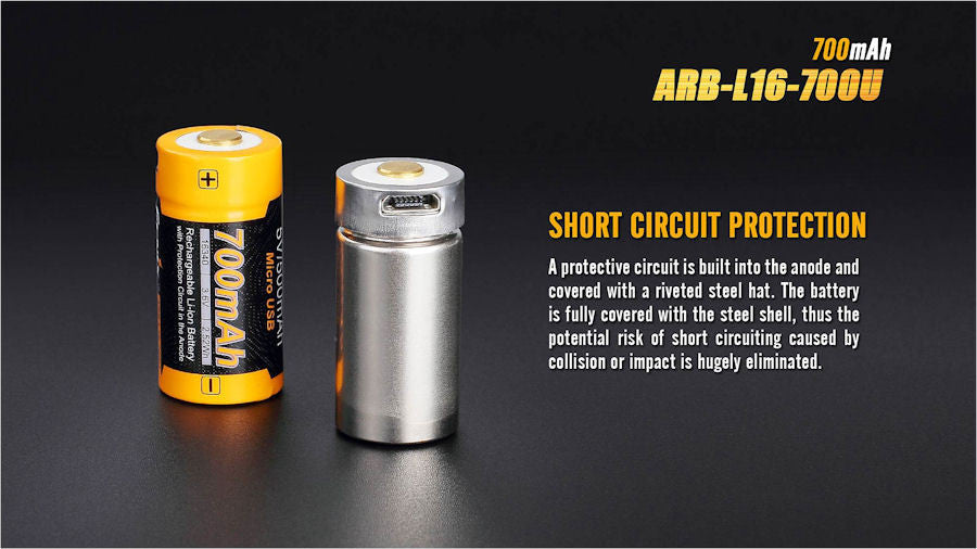 Fenix ARB-L16-700UP USB 16340 Battery - High Current - USB Port Built in