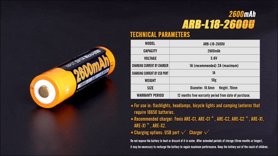 Fenix ARB-L18-2600U Micro USB 2600mAh Rechargeable Battery For HM65R Etc